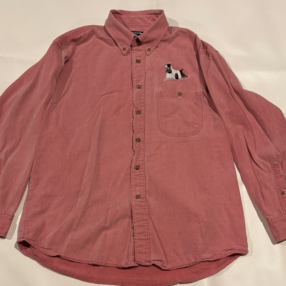 Vintage Three Rivers Large Pink Button-Up Shirt with Embroidered Dog and Horse